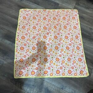 Handmade Floral Flannel Baby Blanket Retro Pink Orange Yellow Crochet Trim 39x42